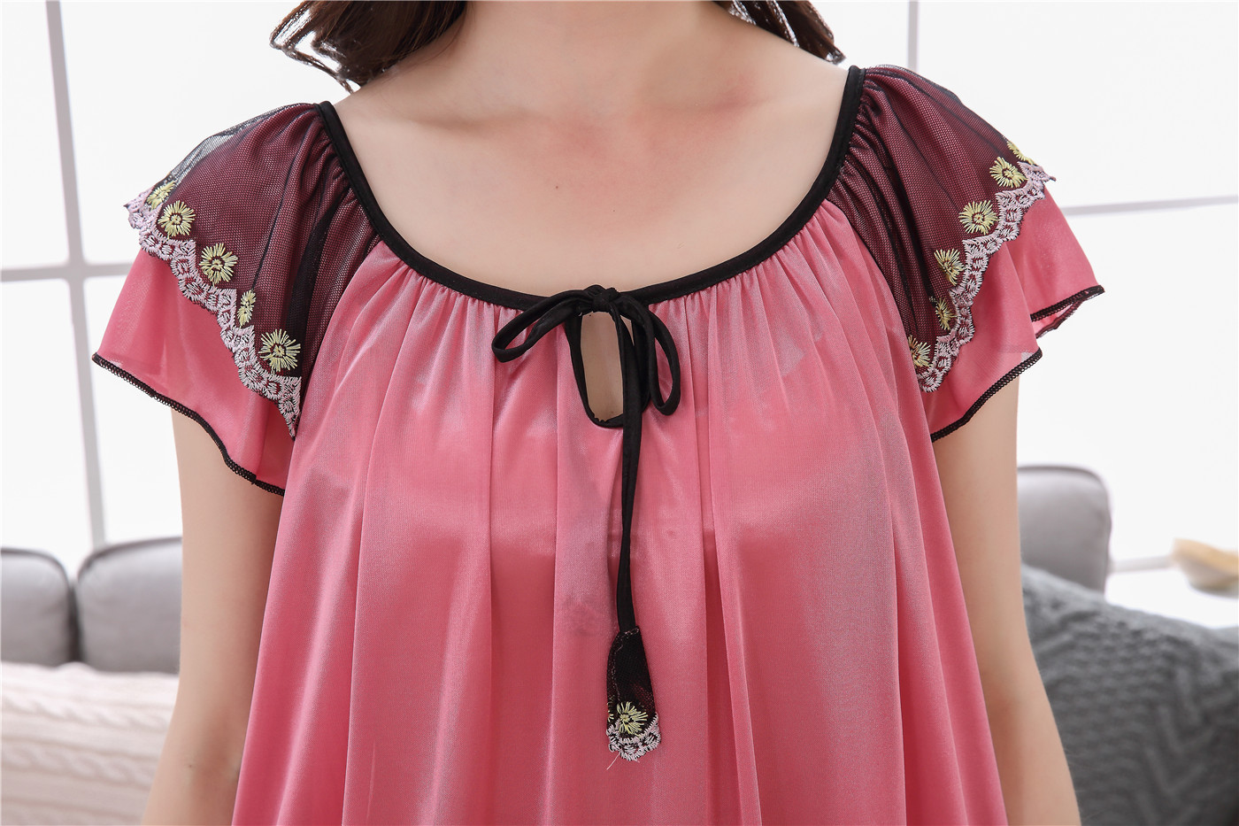 Simple Sexy  Solid Color Short Sleeves Ice Silk Polyester Long Pajamas display picture 8