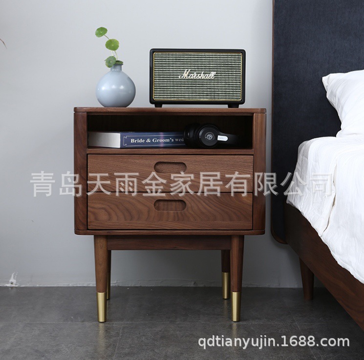 包邮 北美胡桃实木家具 铜套脚双抽黑胡桃床头柜大容积收纳柜小柜