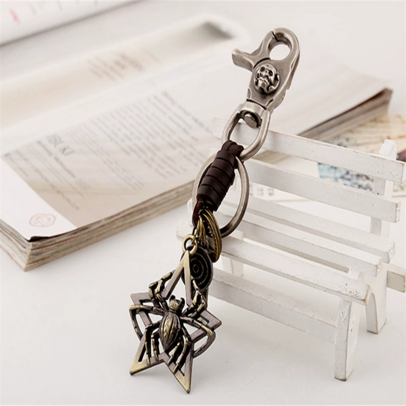 Metal accessory, retro woven leather keychain, European style, punk style, genuine leather