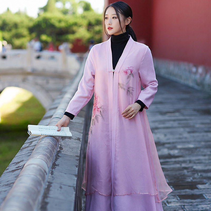起念之和风香韵精品手绘牡丹女式风衣真丝绡中式开衫外套女 F9203