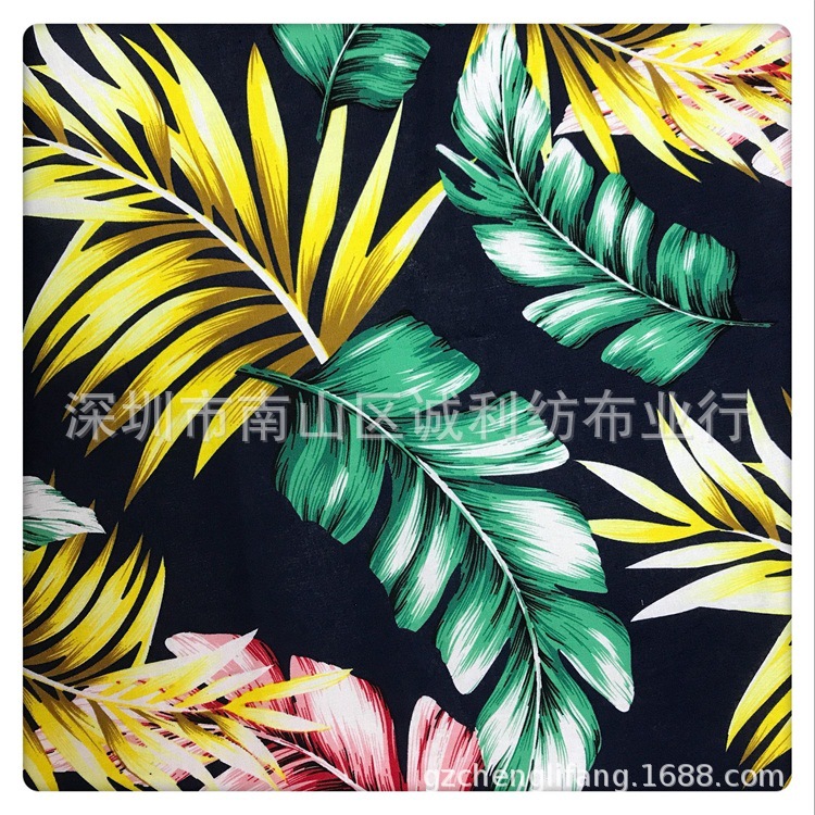 棉麻童装印花布 时尚连衣裙印花布 大叶子印花布料 衬衫印花面料