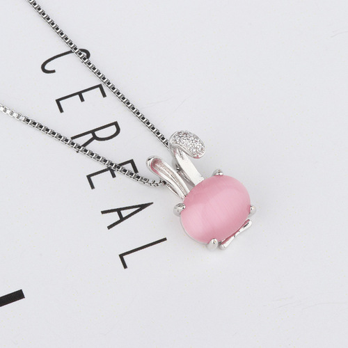 Silver-plated Crystal Rabbit Pendant with Hibiscus Stone, Rose Gold Lockchain, Simple Crystal Student Jewelry