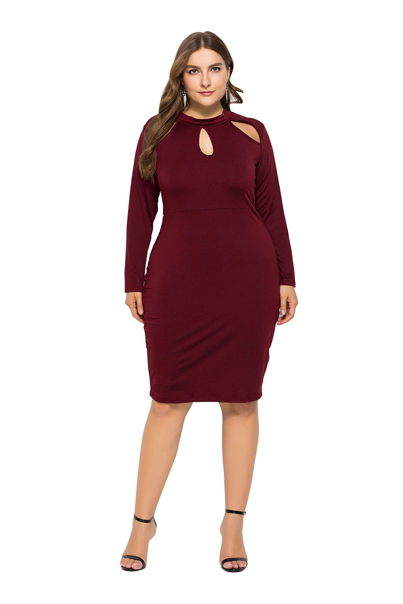 sexy solid color hollow long-sleeved plus size dress NSLM33255