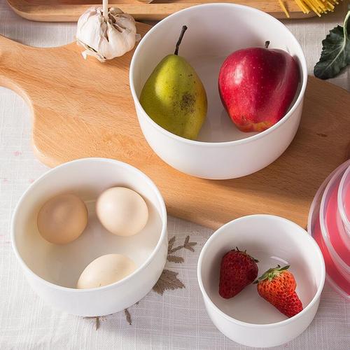 纯白色骨瓷微波炉适用保鲜碗三件套水果带盖碗陶瓷密封碗学生家用