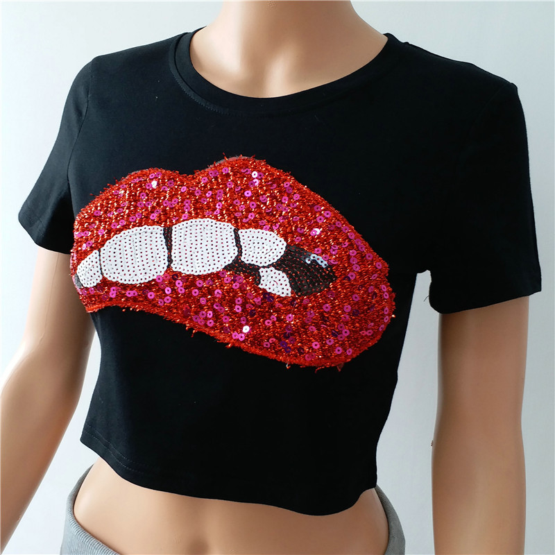 Lip Sequins Embroidered Cropped T-Shirts NSOSY111506