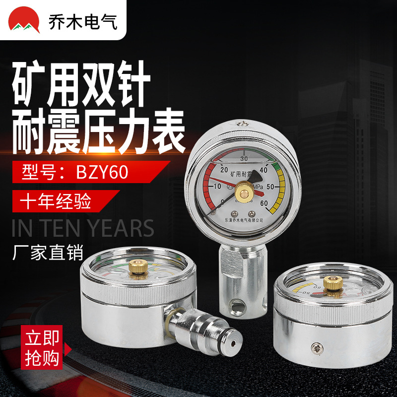 双针耐震压力表BZY60D悬挂式 矿用综采耐震压力表 不锈钢充油|ms