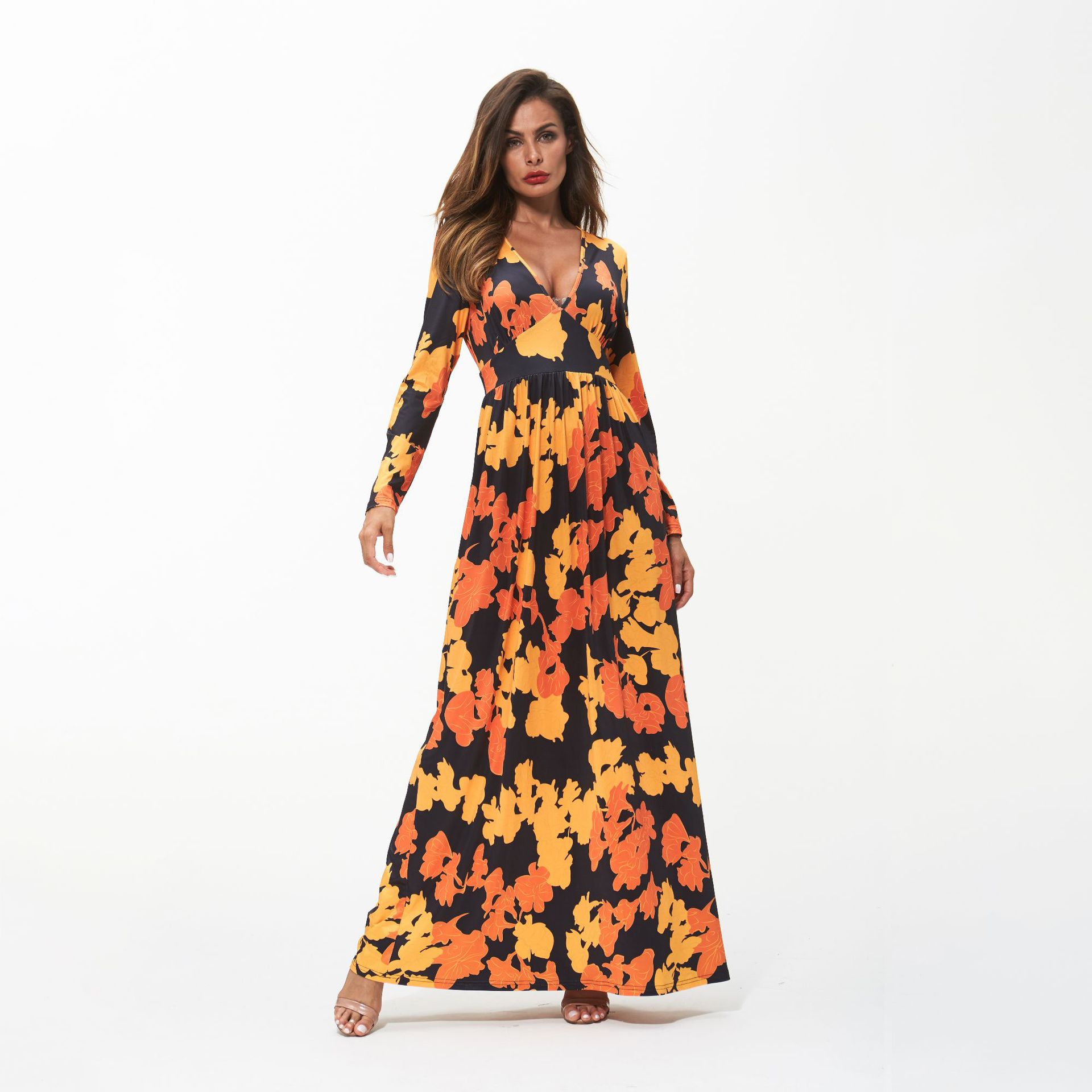 2020秋冬新款女装连衣裙爆款欧美时尚数码印花休闲迷彩印花长裙