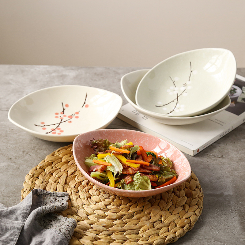 Creative Japanese plum blossom hand-painted underglaze ceramic tableware home oval rice plate salad olive boat plate
