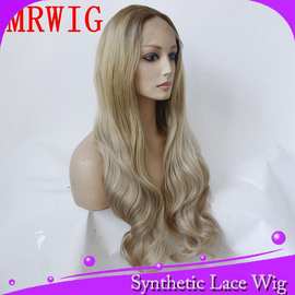 跨境金色中分刘海synthetic lace wig假发欧美中分长卷发