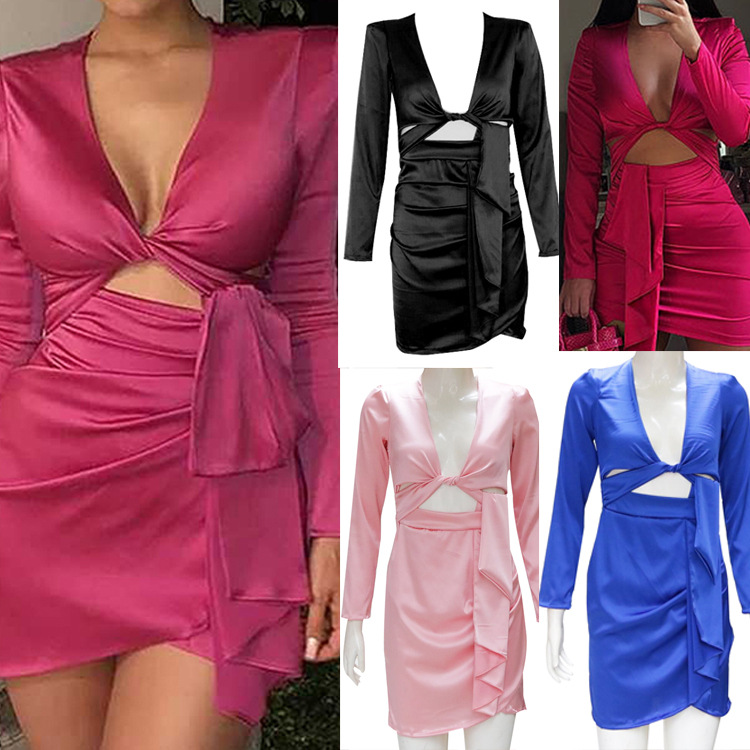 现货！ 跨境欧美秋装新品性感色丁V领长袖修身女装连衣裙一件代发