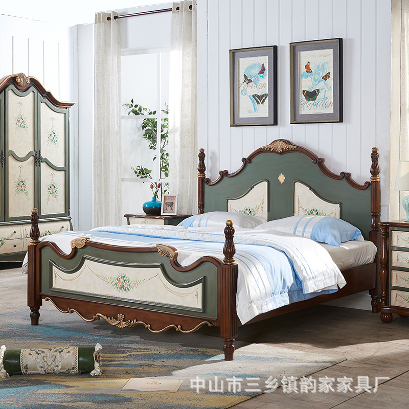 Retro American style rural Solid wood bed High column Master Bedroom 1.5 Bedroom marriage bed 1.8 Mediterranean Sea style Double bed 2