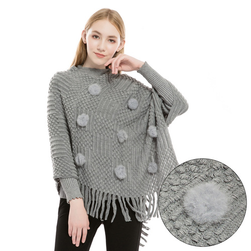 Autumn and winter new European and American rabbit fur ball knitwear manufacturer wholesale imitation cashmere warm large size women's cloak shawl