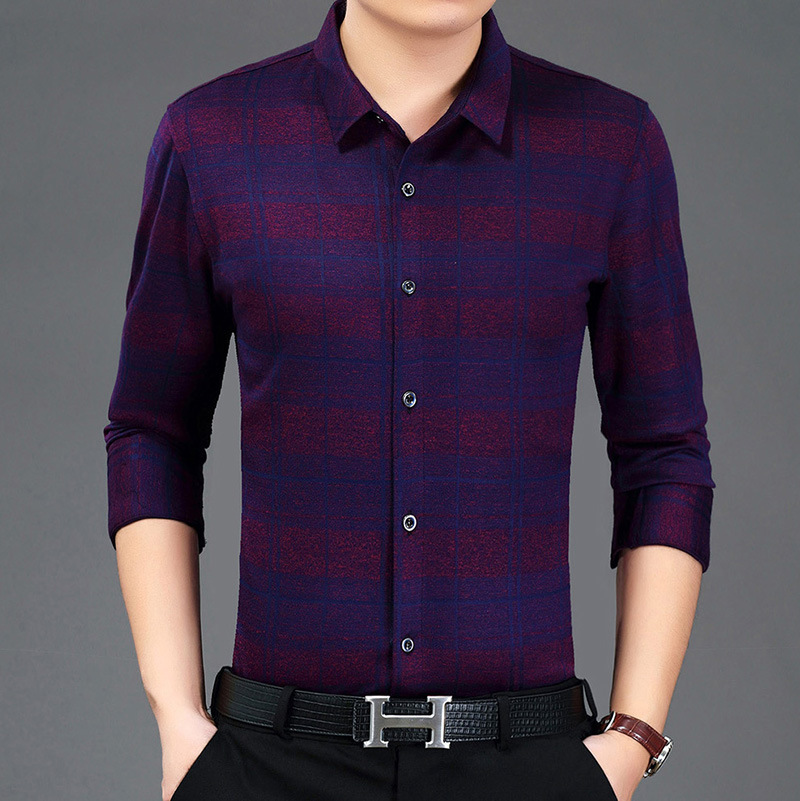 留意2020春季新款品牌男装 格纹提花男式v领长袖衬衫 休闲衬衫男