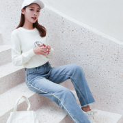 2018新款高腰牛仔裤 女 时尚百搭毛边阔腿裤 一件代发女装长裤