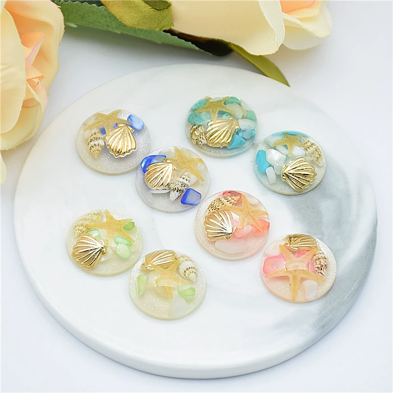 Round Glossy Marine Cabochon, Shell & Starfish Accent, Mixed Colors, 20 mm