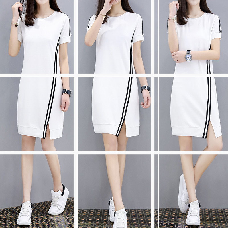 连衣裙女夏季2018新款韩版中长款修身显瘦不规则黑色短袖女装裙子