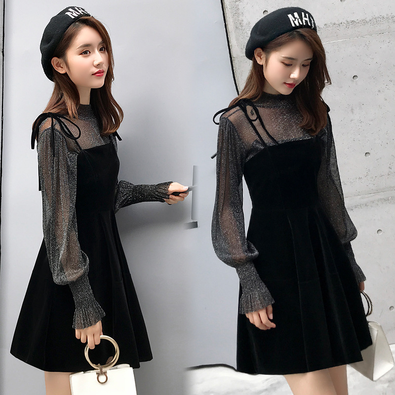 2021春夏新款金丝绒连衣裙两件套韩版中长款打底衬衫连衣裙女装潮