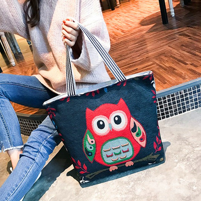 2021新款帆布包绣花织带女大象手提包 猫头鹰帆布妈咪绣花大包包