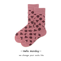 33526HELLOMONDAY18S/S Cotton Trendy Geometric Pink Couple Crew Socks Unisex Fashionable Matchable