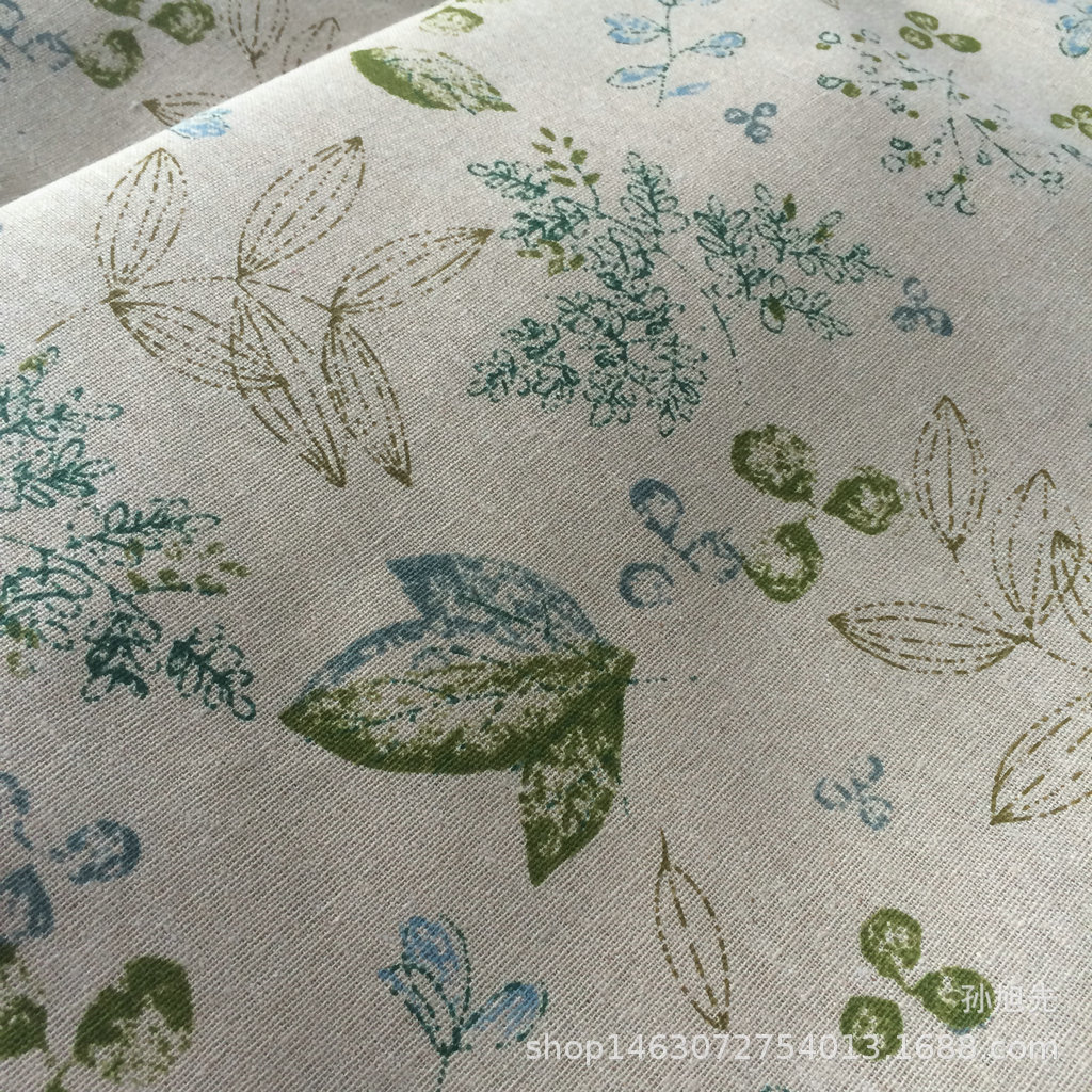 枫叶 绿色植物印花棉麻布料 印花麻布 桌布窗帘家居布料现货供应