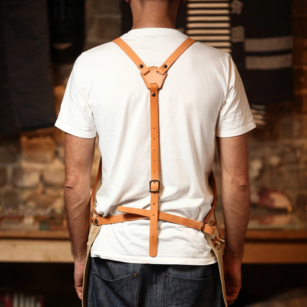 复古卡其色棕色PU防水防污工作围裙咖啡厨师烧烤围裙可定制LOGO