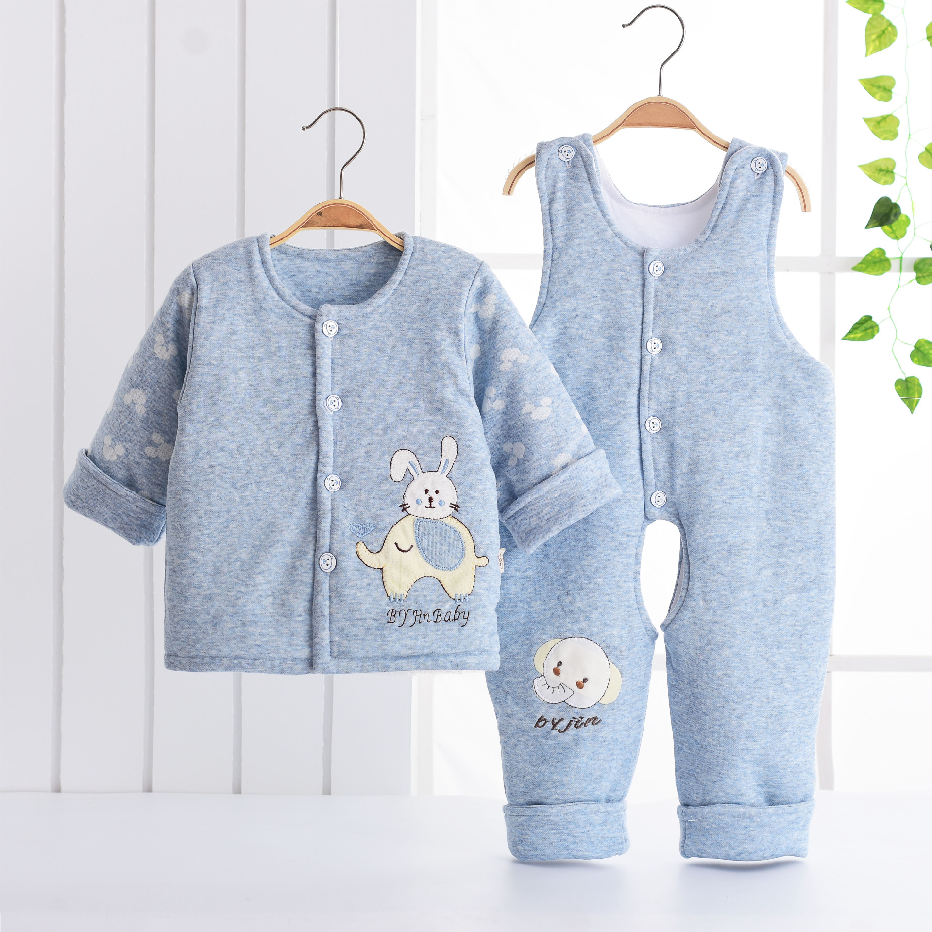 廠家直銷貝依錦寶寶套裝加厚加棉冬季嬰幼兒童保暖背帶褲兩件套