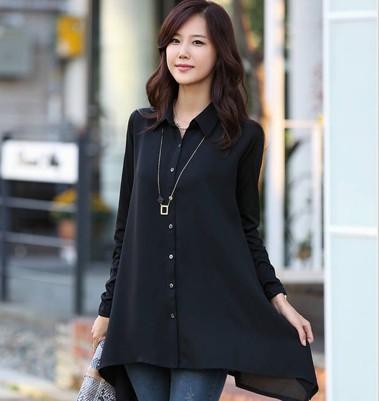 Spring and Autumn Chiffon Sunscreen Black Shirt Women's Long Sleeve Korean Style Medium and Long bf Style Loose Sexy Pajamas Shirt Dress
