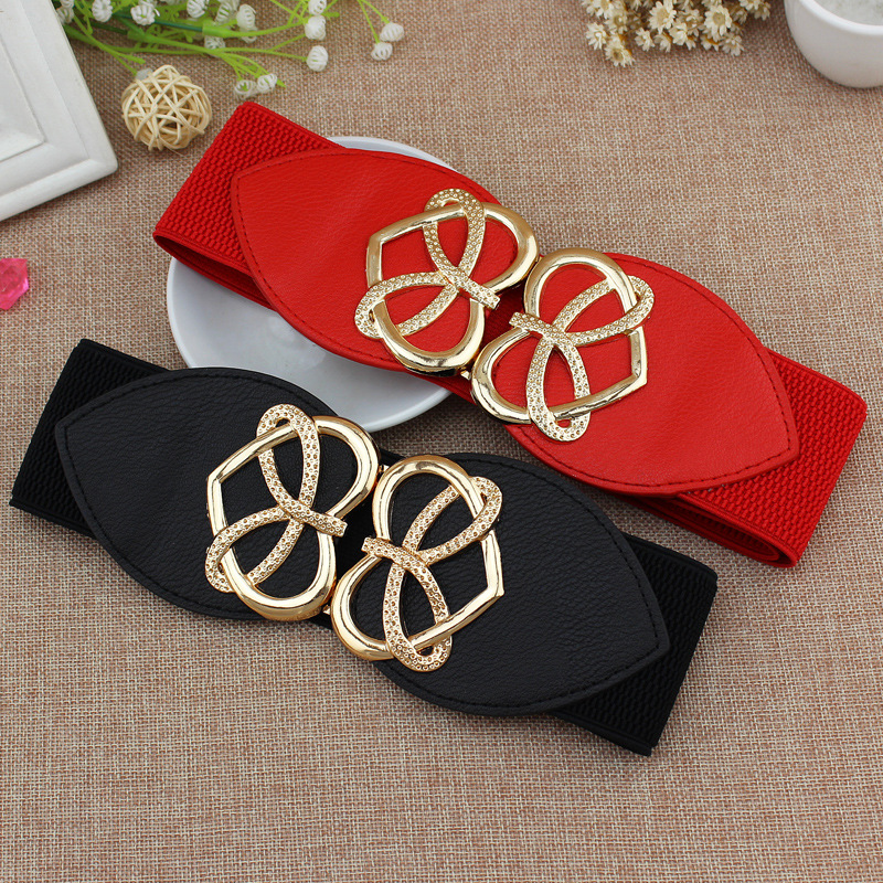 Down jacket decoration women's bright gold heart buckle elastic belt, dress with wide waist closure_viptrois.com