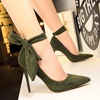 European and American style super-high heel， thin heel， simple suede， shallow mouth， pointed head， single shoe with bow 