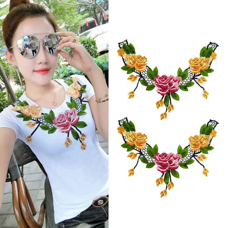 臻美绣品 服装辅料时尚刺绣花边布贴电脑机绣玫瑰花衣服补丁领花