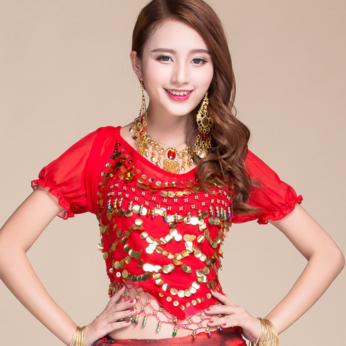 Belly dance tops Indian dance clothing practice clothes tops sequin puff short sleeves straps