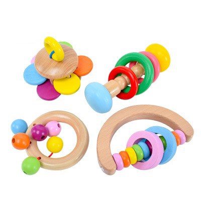 Wooden rattles Four piece suit Rattle Orff instruments Infants Bell baby Educational toys