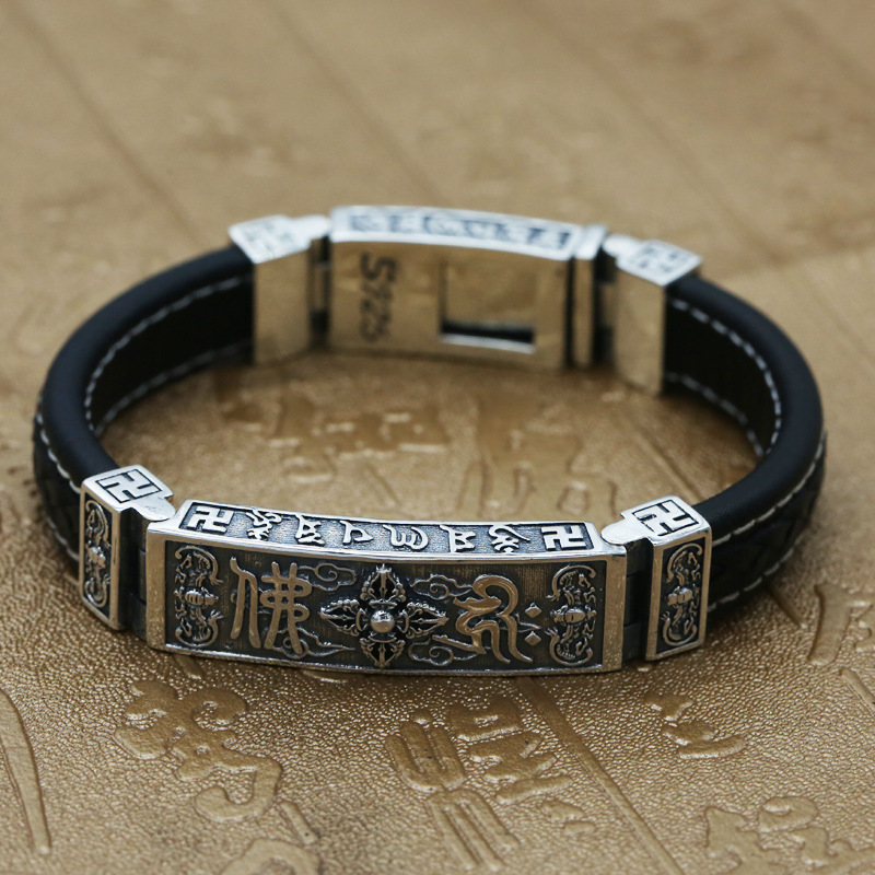 925 Sterling Silver Jewelry Vintage Thai Silver Genuine Leather Bracelet Personalized Men's Six-character Mantra Bracelet with Safe New Style 925 Sterling Silver Jewelry Vintage Thai Silver Genuine Leather Bracelet Personalized Men's Six-character Mantra Bracelet with Safe New Style