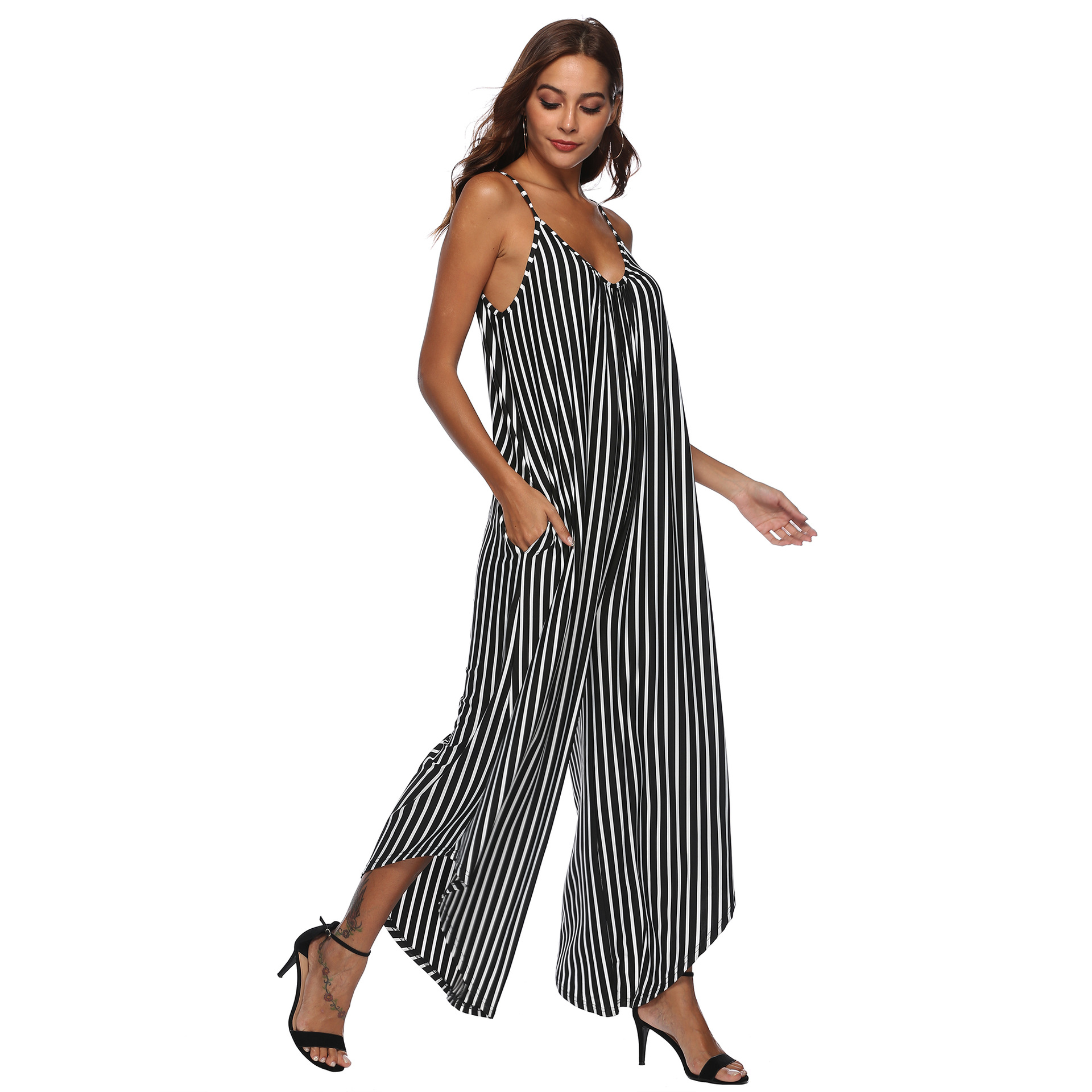 V-neck suspender wide-leg jumpsuit  NSOY28426