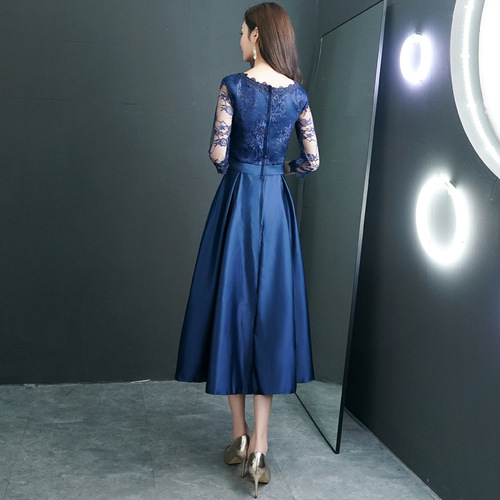 Navy blue black champagne evening dress women Mid-length banquet birthday party celebration gown lace long-sleeved singers choir stage performance dress