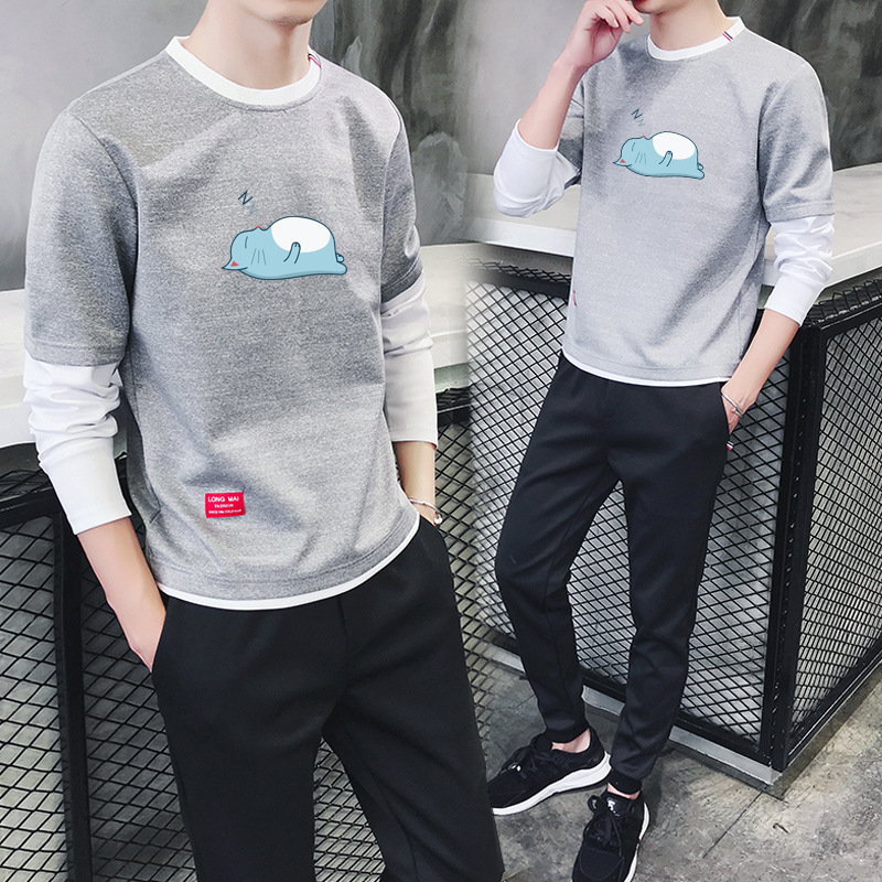 18爆款男式假两件套头卫衣 秋冬新款韩版修身撞色套头卫衣龙猫款