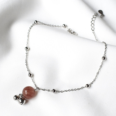 s925純銀少女心鈴铛草莓晶腳鏈氣質簡約女款粉色水晶百搭時尚飾品