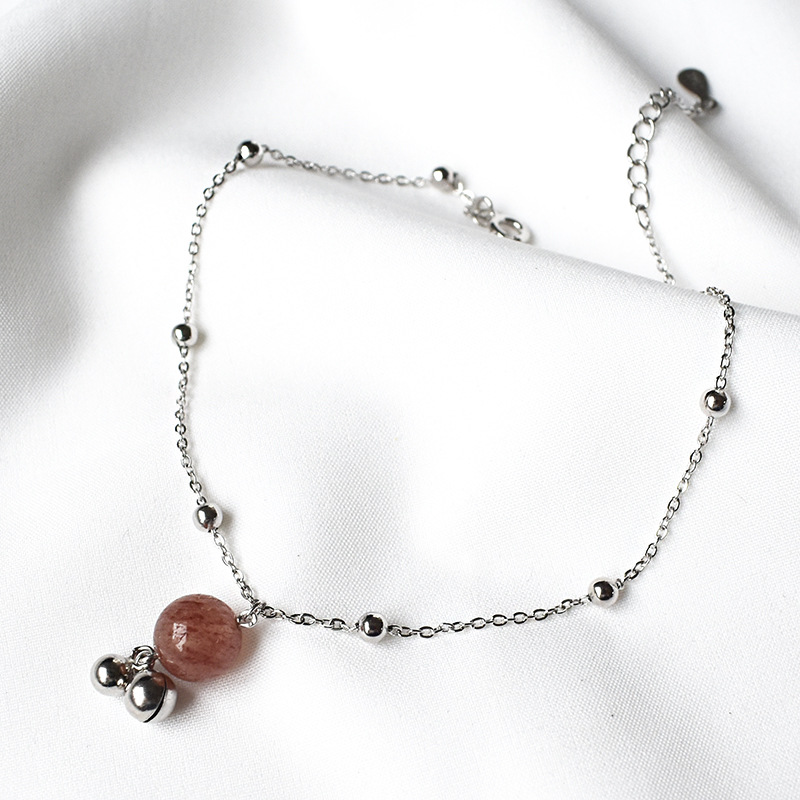 s925純銀少女心鈴铛草莓晶腳鏈氣質簡約女款粉色水晶百搭時尚飾品