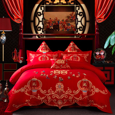 工厂直销婚庆床上用品纯棉四件套 家纺全棉大红色刺绣结婚多件套