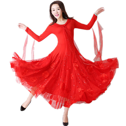 Women Girls red flowy Ballroom Waltz Dancing Dresses Tango Foxtrot Smooth Rhythm dance long Dance Skirts full-skirted dress waltz dance long-sleeved dress