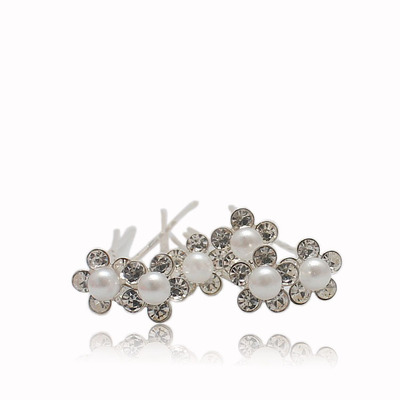 韩版影楼盘发头饰 U型珍珠花朵发簪 镶水钻新娘簪子发饰 批发|ru