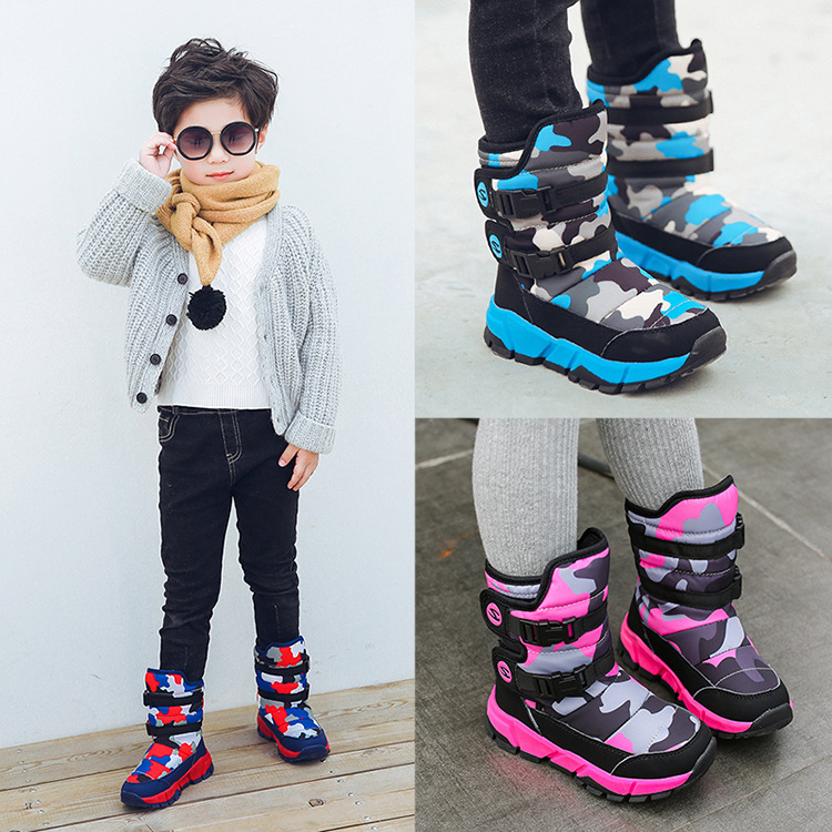 创意款冬季儿童雪地靴女童加绒防水男童鞋保暖迷彩棉鞋中大童短靴