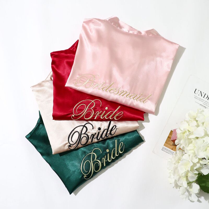 Bridal Morning Gown Sexy Charming Wedding Bridesmaid Imitation Silk Bathrobe Wedding Dress Embroidered Nightgown Women