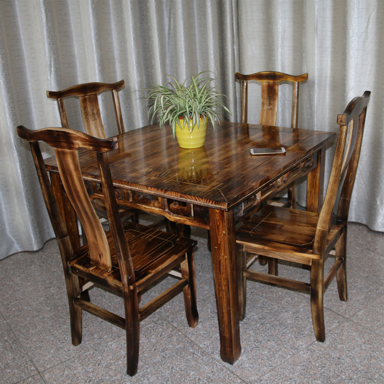 厂家促销 实木柏木餐桌椅组合 实木雕花方桌餐桌椅 方型餐桌组合