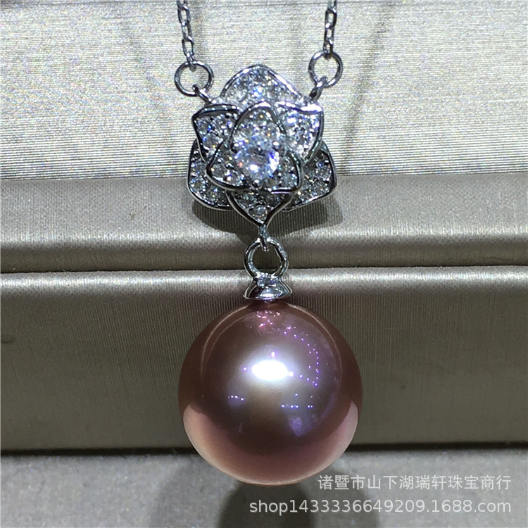 S925 Sterling Silver Camellia Pendant Necklace 11-12mm violet natural freshwater Pearl Pendant Circle Strong light