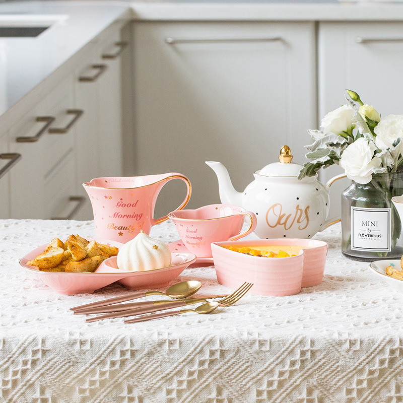 Good Morning couple suit peach heart gold painting cup and saucer breakfast plate Cup two-person food suit