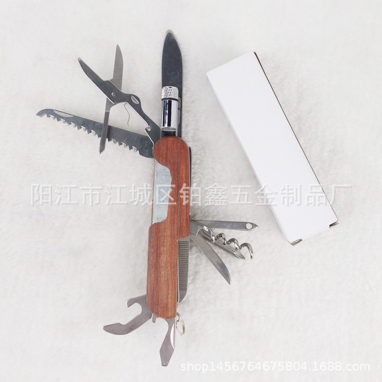 1多功能带LED小灯野营花梨木11开多用礼品多功能木柄小刀