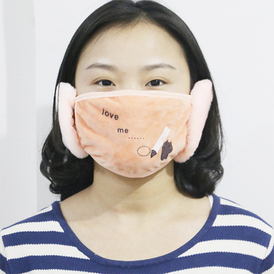 女士卡通小熊毛絨保暖護耳口罩 成人冬季口罩耳罩耳套二合壹批發