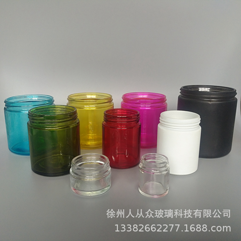 供应现货喷涂半透明彩色光板玻璃花茶罐大口直筒乳白哑光黑玻璃瓶