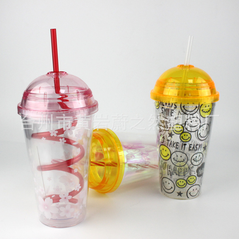 450ml round lid single layer straw Cup bent tube transparent plastic cup with straw xingbake juice cup